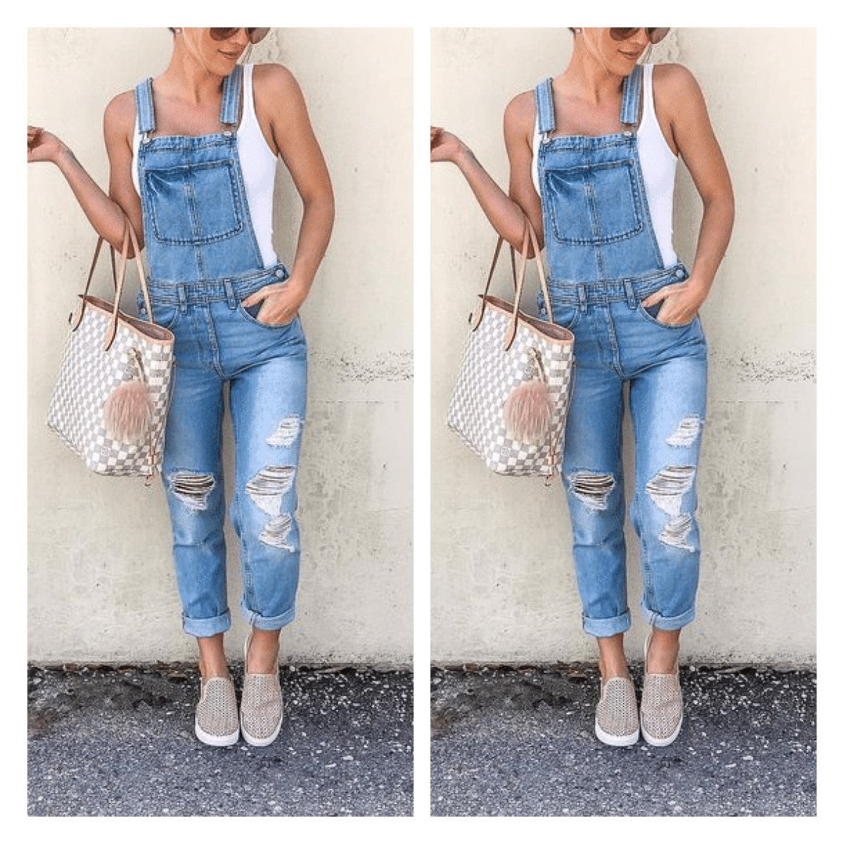 Women's Denim Overalls with Distressed Details