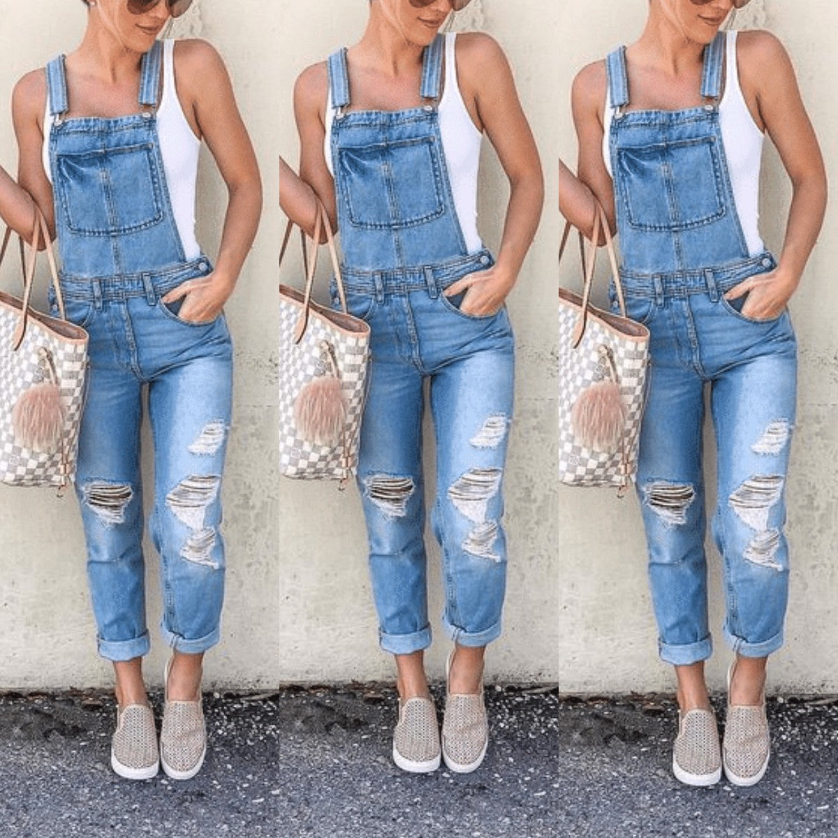 Women's Denim Overalls with Distressed Details