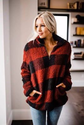 Women's Fleece Pullover with Plaid Pattern
