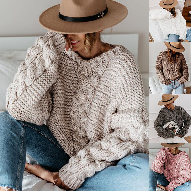 Women's Chunky Knit Sweater with Decorative Cable Details and Relaxed Fit