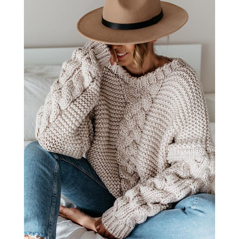 Women's Chunky Knit Sweater with Decorative Cable Details and Relaxed Fit