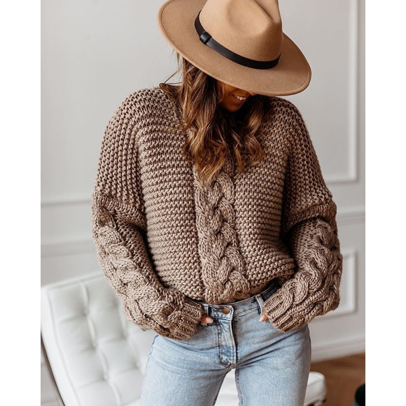 Women's Chunky Knit Sweater with Decorative Cable Details and Relaxed Fit