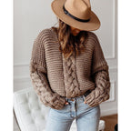 Women's Chunky Knit Sweater with Decorative Cable Details and Relaxed Fit