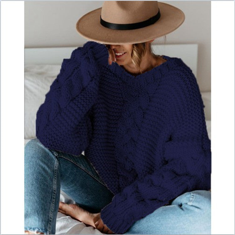 Women's Chunky Knit Sweater with Decorative Cable Details and Relaxed Fit