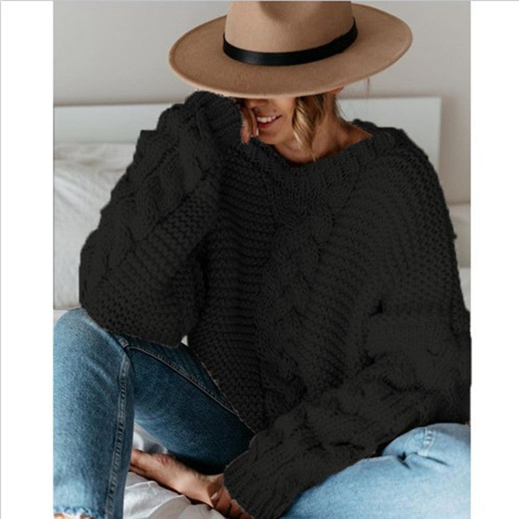 Women's Chunky Knit Sweater with Decorative Cable Details and Relaxed Fit