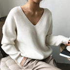 Women's Elegant V-Neck Knit Sweater with Textured Design