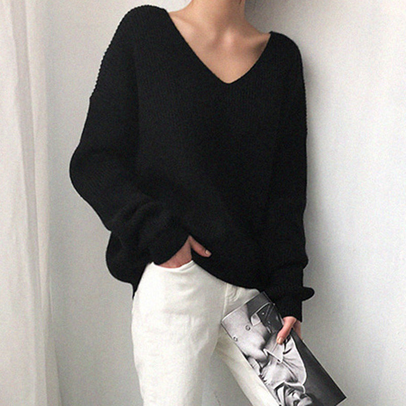 Women's Elegant V-Neck Knit Sweater with Textured Design