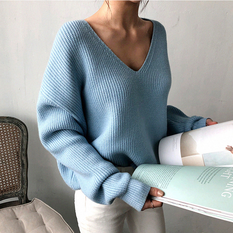 Women's Elegant V-Neck Knit Sweater with Textured Design