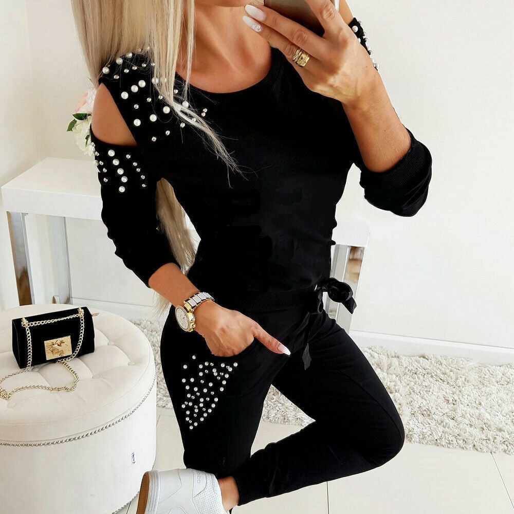 Women's Elegant Leisure Suit with Cut-Outs and Beaded Sleeves