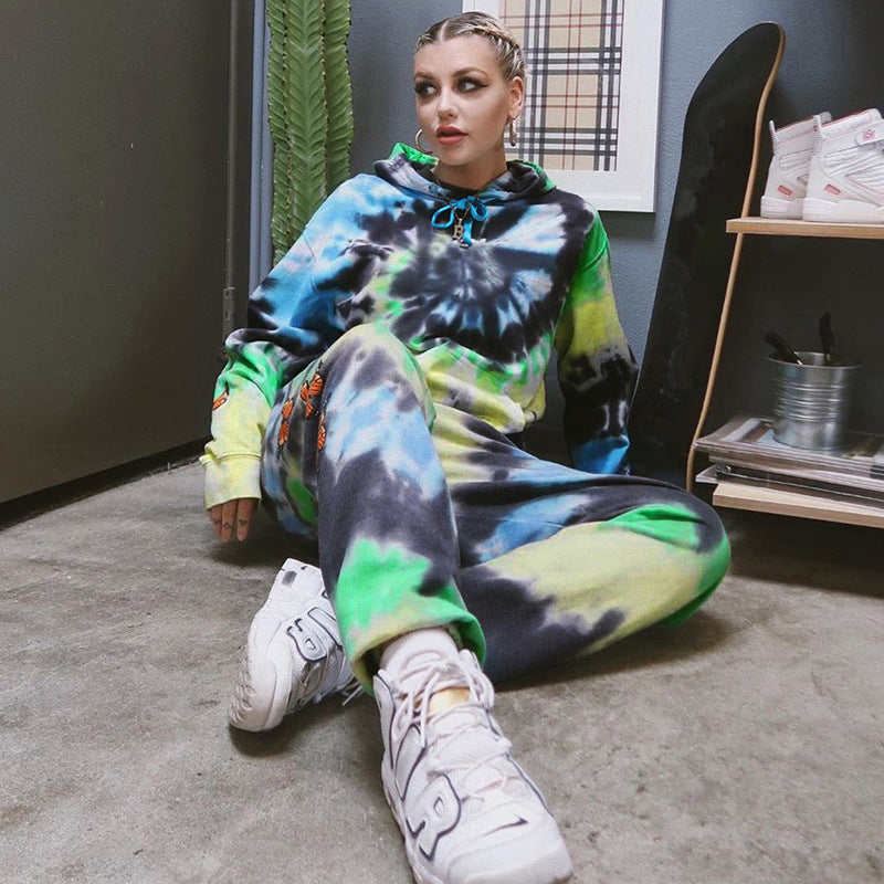 Women's Hooded Suit with Colorful Tie-Dye Pattern and Floral Appliqués