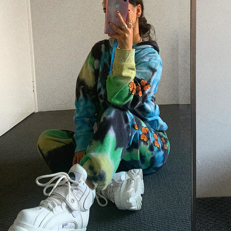 Women's Hooded Suit with Colorful Tie-Dye Pattern and Floral Appliqués