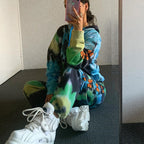 Women's Hooded Suit with Colorful Tie-Dye Pattern and Floral Appliqués