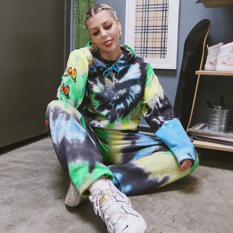 Women's Hooded Suit with Colorful Tie-Dye Pattern and Floral Appliqués