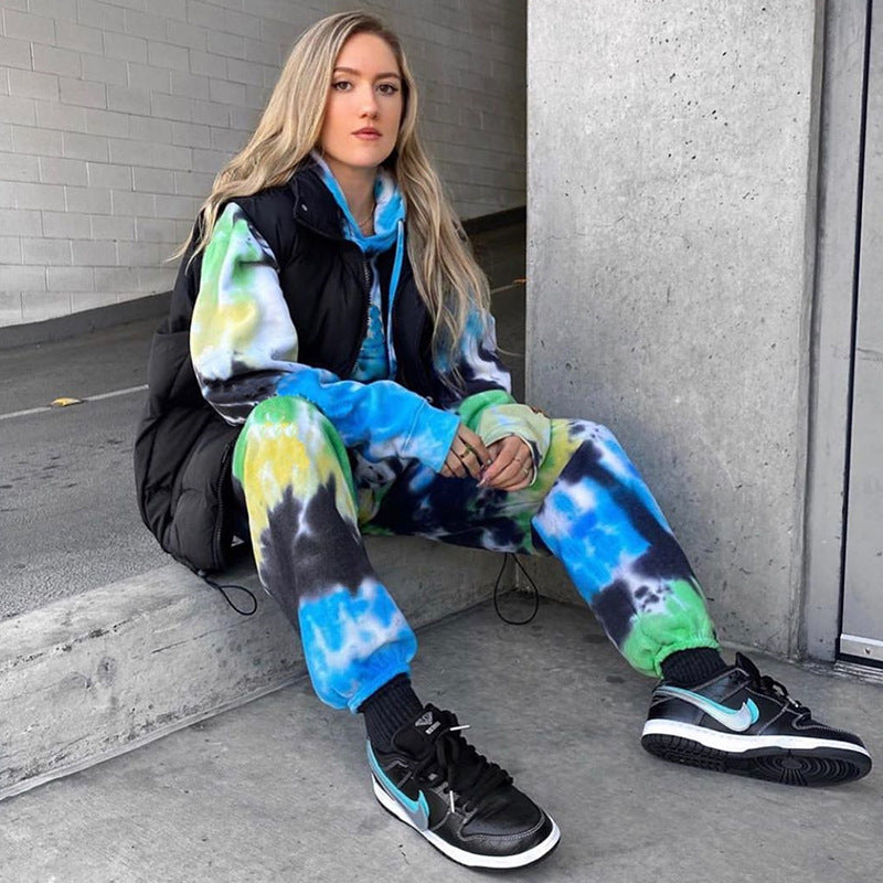 Women's Hooded Suit with Colorful Tie-Dye Pattern and Floral Appliqués