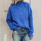 Women's Chunky Knit Sweater with High Collar and Cable Details