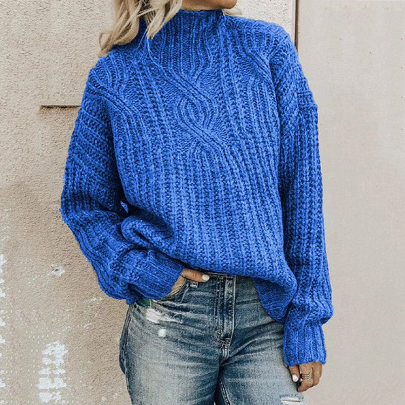 Women's Chunky Knit Sweater with High Collar and Cable Details