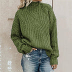 Women's Chunky Knit Sweater with High Collar and Cable Details