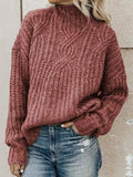 Women's Chunky Knit Sweater with High Collar and Cable Details