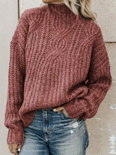 Women's Chunky Knit Sweater with High Collar and Cable Details