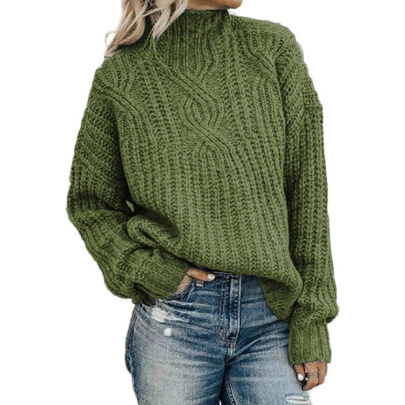 Women's Chunky Knit Sweater with High Collar and Cable Details