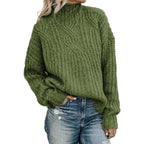 Women's Chunky Knit Sweater with High Collar and Cable Details
