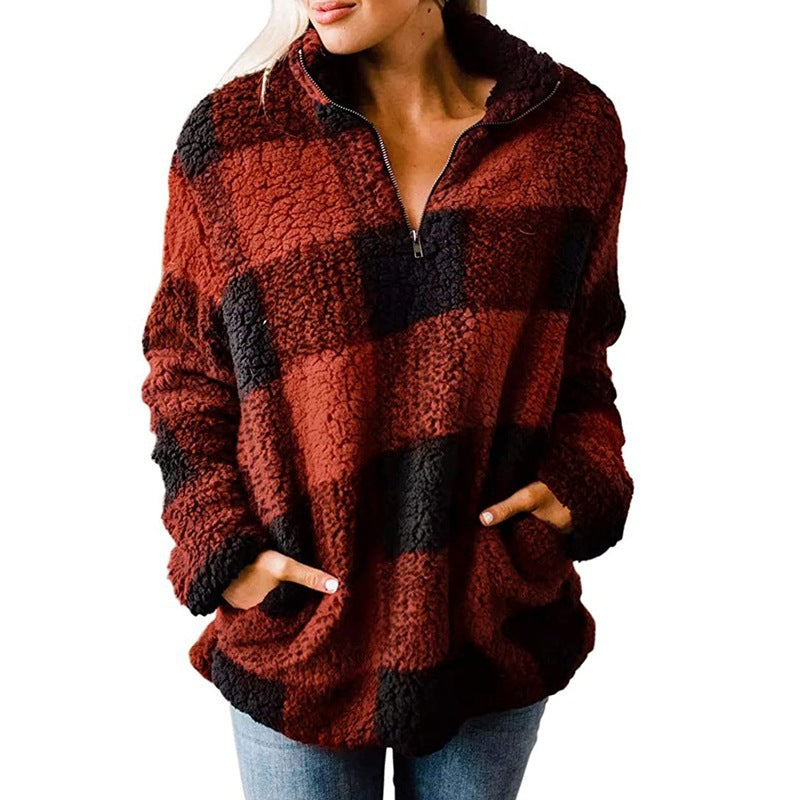 Women's Fleece Pullover with Plaid Pattern