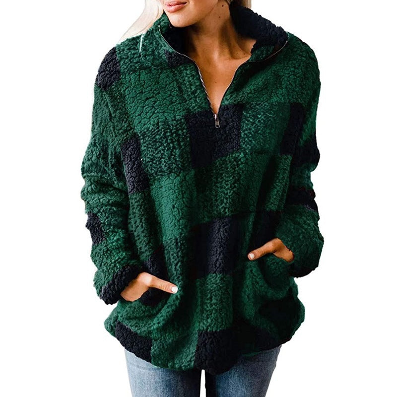 Women's Fleece Pullover with Plaid Pattern