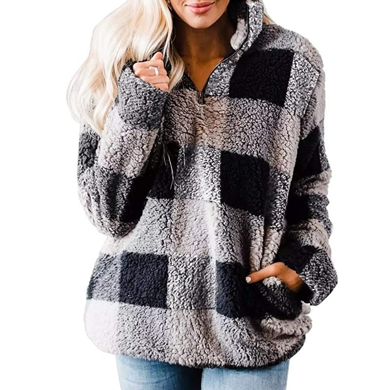 Women's Fleece Pullover with Plaid Pattern