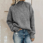 Women's Chunky Knit Sweater with High Collar and Cable Details