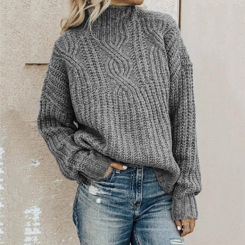 Women's Chunky Knit Sweater with High Collar and Cable Details