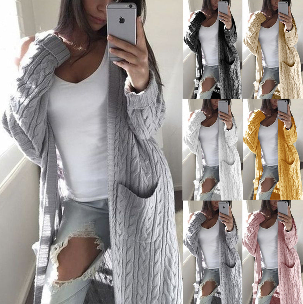 Women's Patterned Knit Coat with Pockets and Open Cut