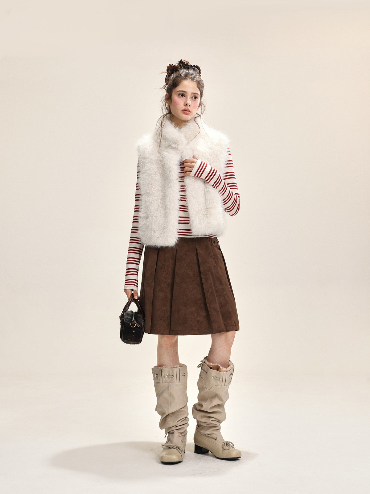 Women's Fluffy Vest with Stand-Up Collar White