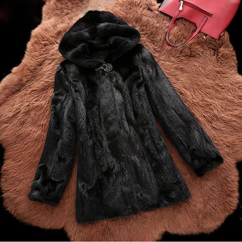 Women's Faux Fur Coat with Elegant Hood and Classic Cut