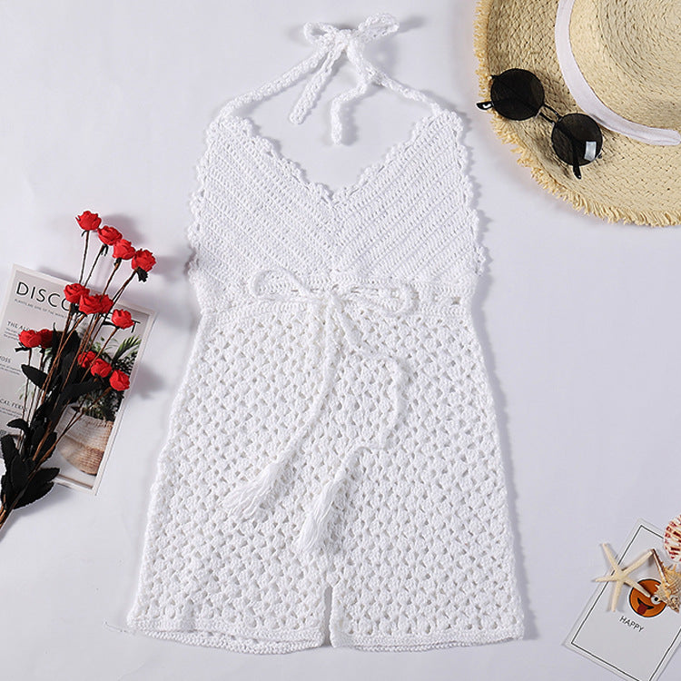 Women's Crochet Beach Cover-Up with Tie Belt and Tassels