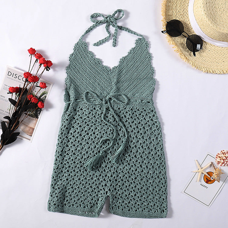 Women's Crochet Beach Cover-Up with Tie Belt and Tassels