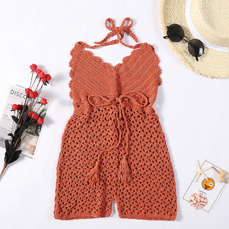 Women's Crochet Beach Cover-Up with Tie Belt and Tassels