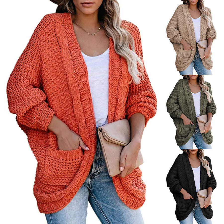Women's Chunky Knit Cardigan with Dropped Shoulders and Pockets