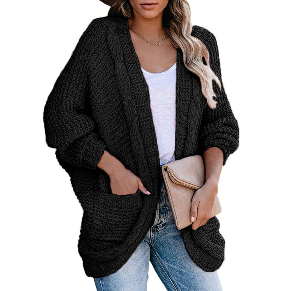 Women's Chunky Knit Cardigan with Dropped Shoulders and Pockets