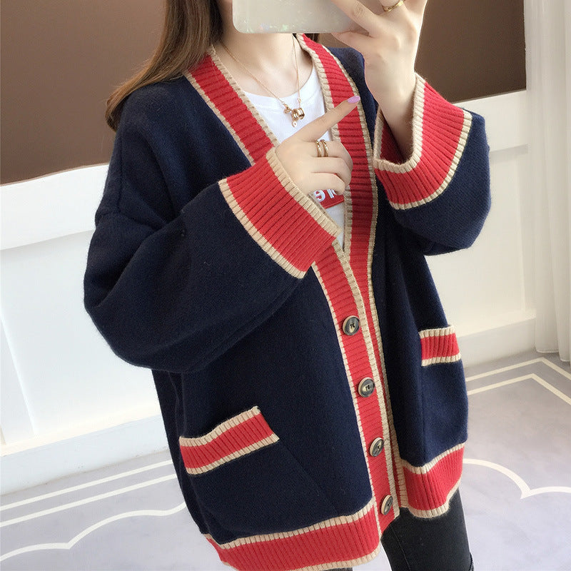 Women's Casual Knit Cardigan with Contrast Trim and Pockets