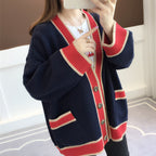 Women's Casual Knit Cardigan with Contrast Trim and Pockets