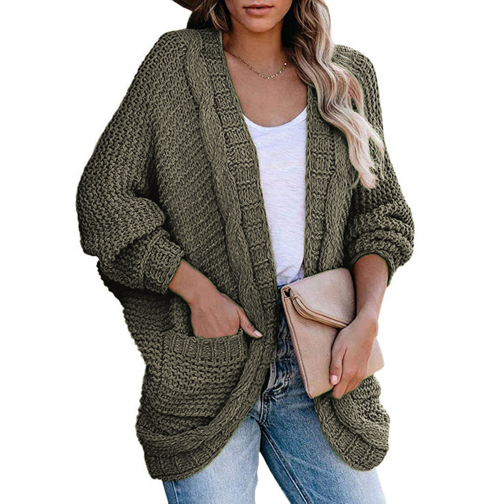 Women's Chunky Knit Cardigan with Dropped Shoulders and Pockets