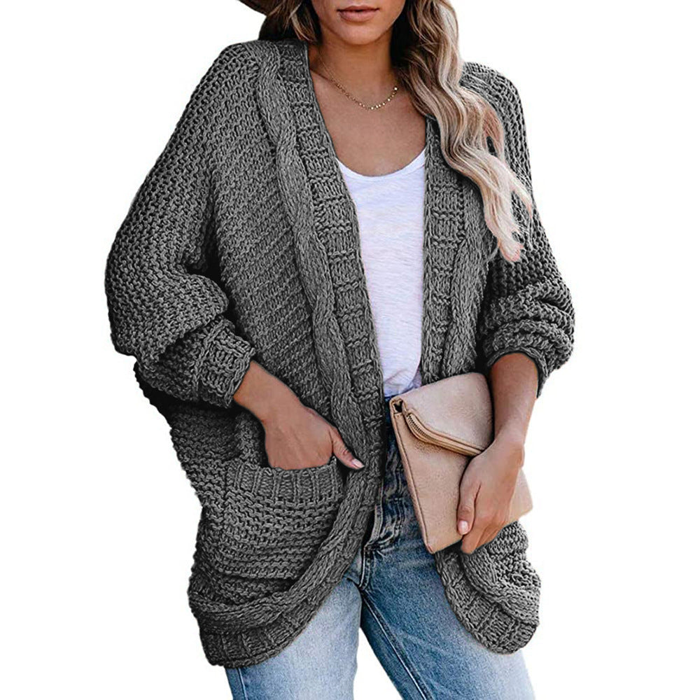 Women's Chunky Knit Cardigan with Dropped Shoulders and Pockets
