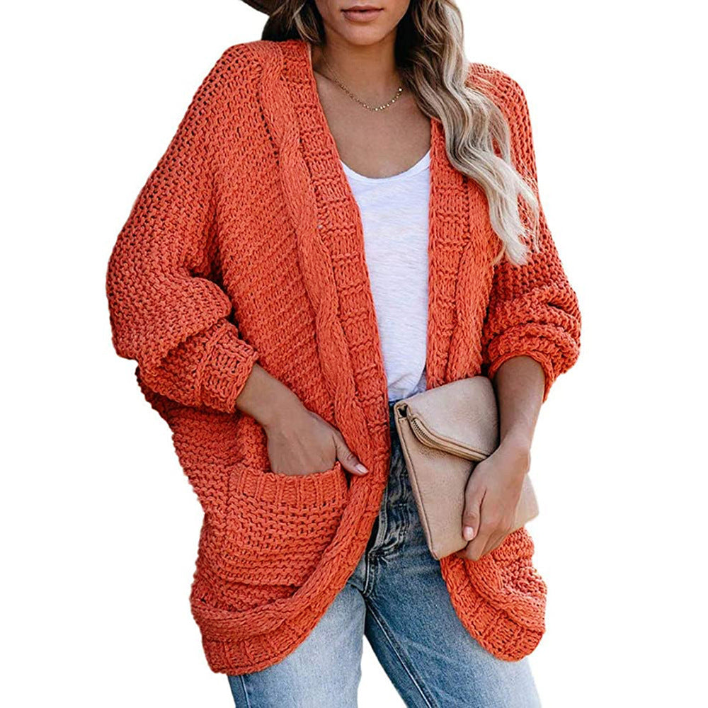 Women's Chunky Knit Cardigan with Dropped Shoulders and Pockets