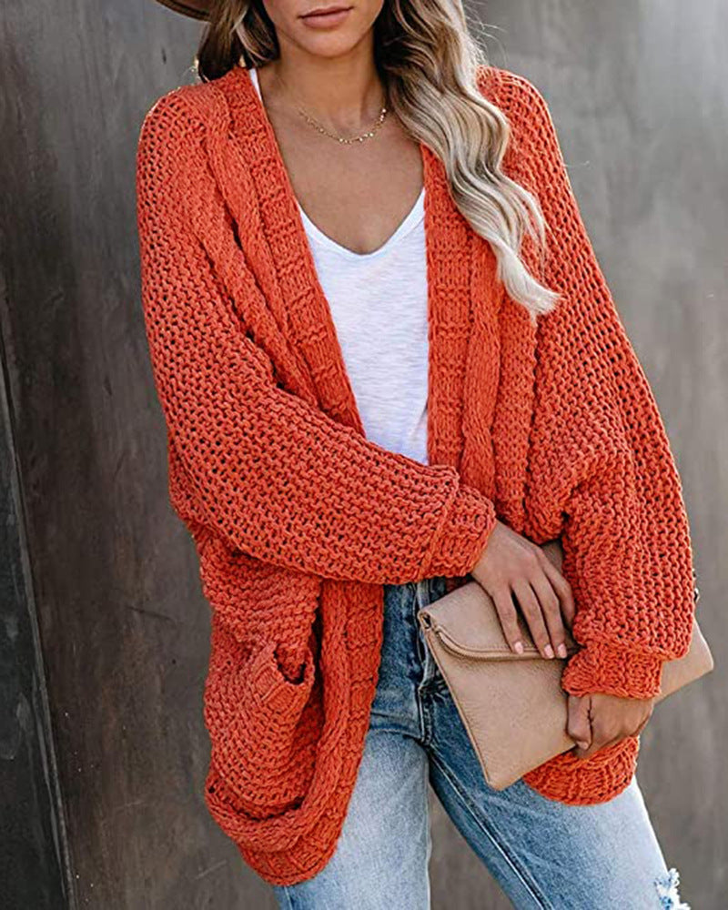 Women's Chunky Knit Cardigan with Dropped Shoulders and Pockets