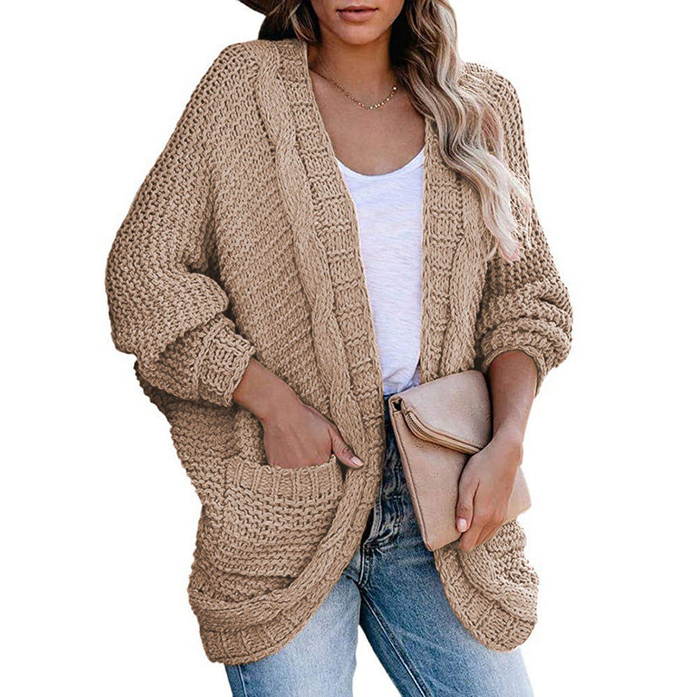 Women's Chunky Knit Cardigan with Dropped Shoulders and Pockets