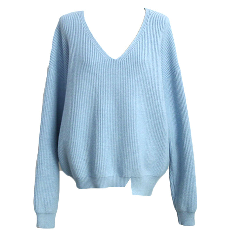 Women's Elegant V-Neck Knit Sweater with Textured Design