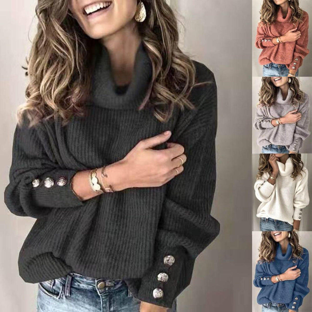 Women's Chunky Knit Sweater with High Collar and Decorative Button Details