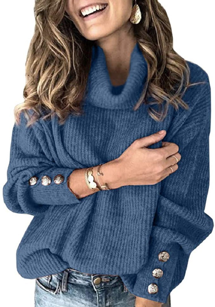 Women's Chunky Knit Sweater with High Collar and Decorative Button Details