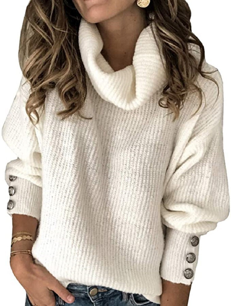 Women's Chunky Knit Sweater with High Collar and Decorative Button Details