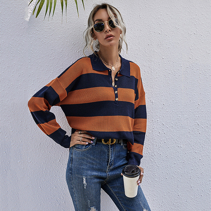 Women's Striped Sweater with Button Placket and High-Quality Ribbed Design
